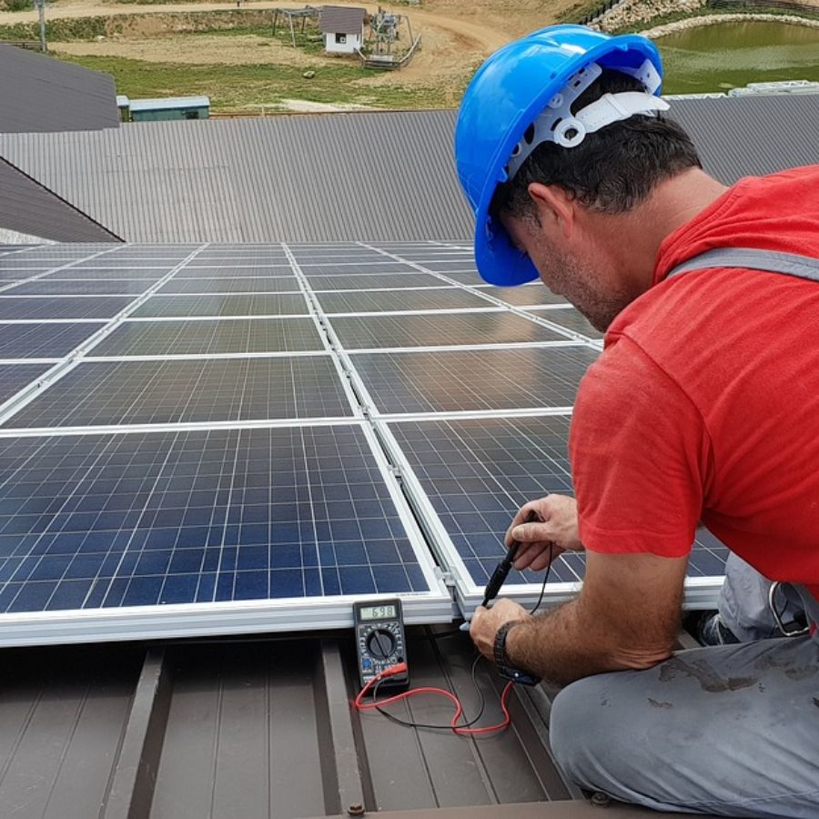A man fixing solar panels on a roof