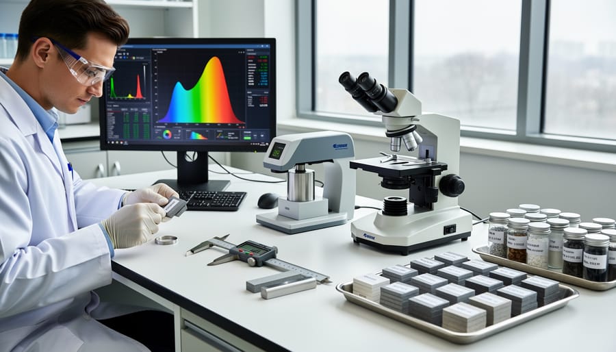 Close-up of quality inspection tools and metal test samples on a workbench.