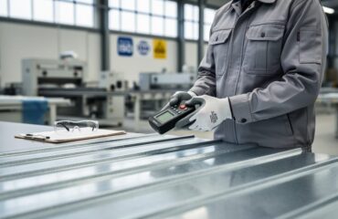 Quality control specialist inspecting a metal roofing panel with a calibrated measuring device in an industrial inspection area.