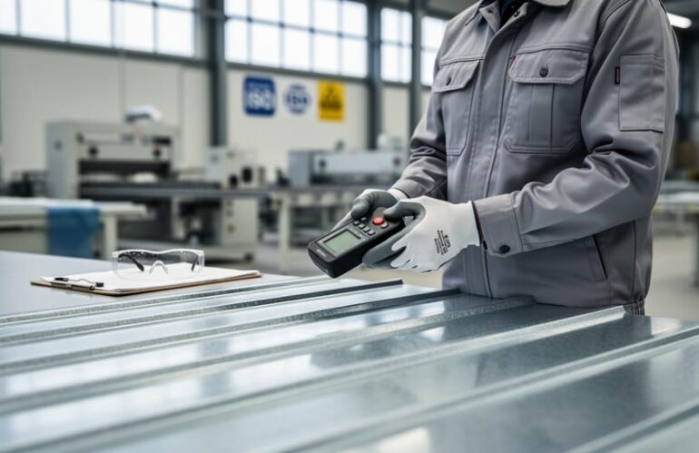 Quality control specialist inspecting a metal roofing panel with a calibrated measuring device in an industrial inspection area.
