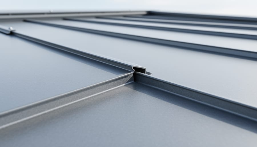 Close-up of standing seam metal roof panels showing seam lines and concealed-fastener style surface