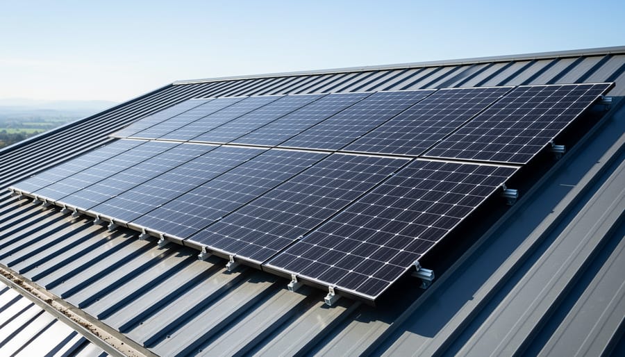 Completed solar panel installation on a corrugated metal roof during golden hour