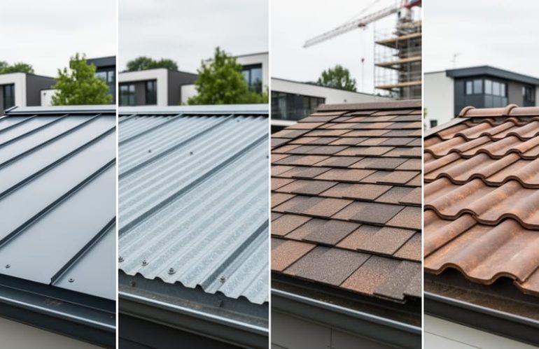 Close-up of several metal roofing styles—standing seam, corrugated panels, metal shingles, and metal tile profiles—showing distinct shapes and textures on adjoining roof sections.