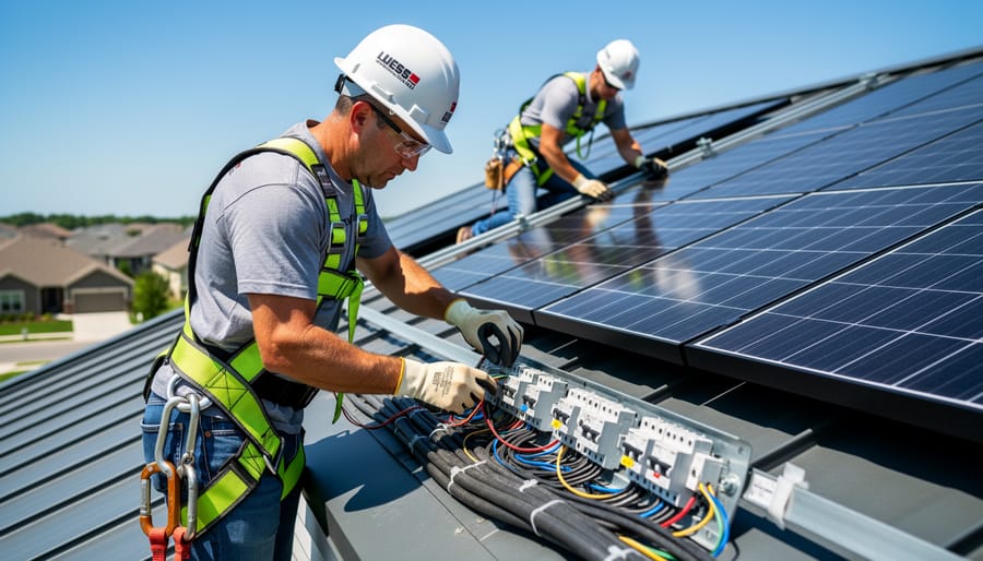 Electrician working on rooftop solar electrical connections with PPE