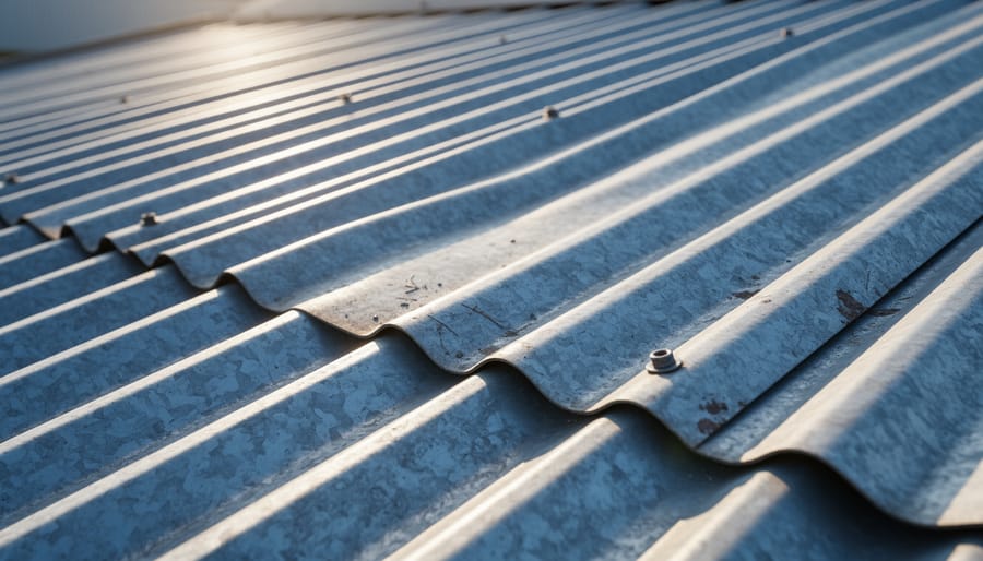 Low-angle view of corrugated metal roofing on an agricultural shed with sunlight emphasizing the ridges