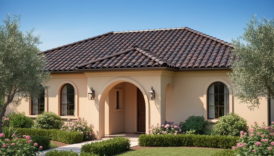 Medium-wide view of a Mediterranean-style home with metal tile roofing showing deep overlapping profile