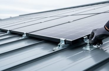 Solar panels mounted on a standing-seam metal roof with clamp brackets, shown during installation in soft daylight.