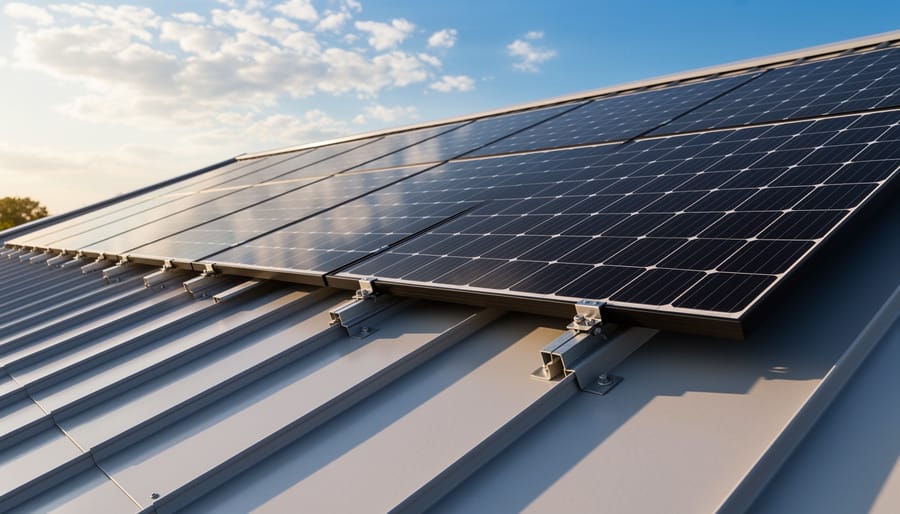 Solar panels mounted on a residential metal roof