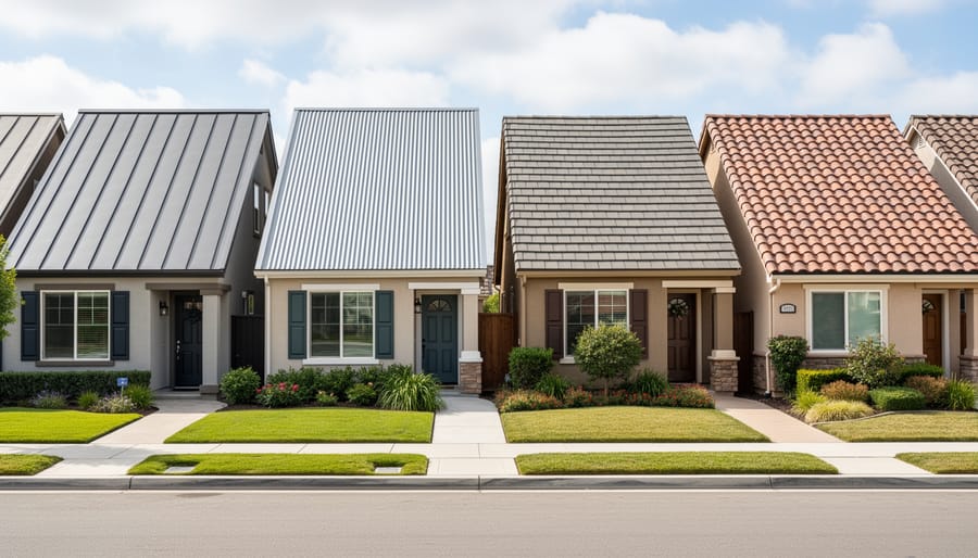 Wide street-level view showing standing seam, corrugated metal, metal shingles, and metal tile roofing profiles on different houses