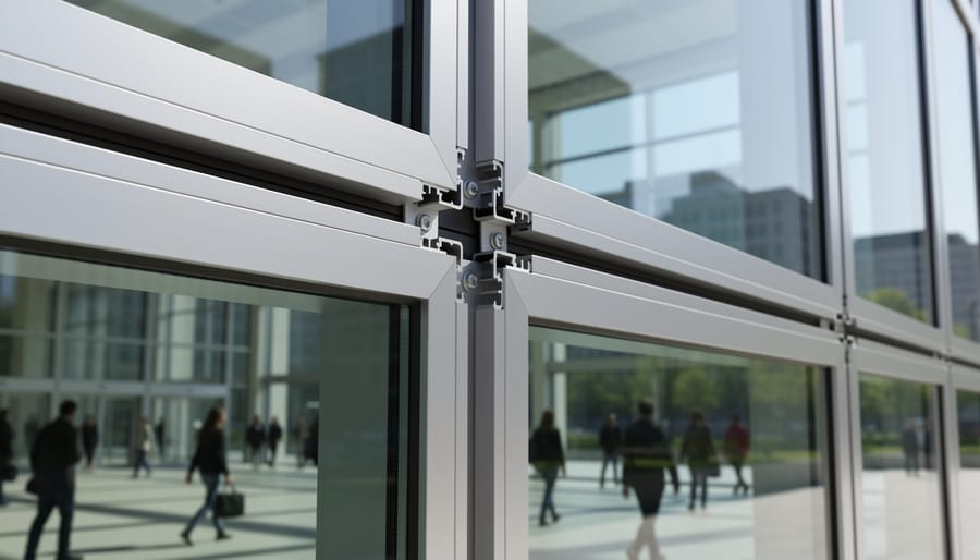 Aluminum-framed building facade with glass panels under golden hour lighting