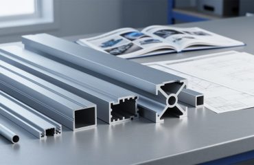 Close-up of multiple standard aluminum extrusion profiles on an industrial workbench with blurred technical document sheets in the background.