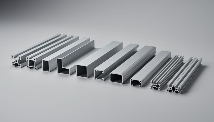 Standard aluminum extrusion profiles displayed on a workbench with cross-sectional faces visible
