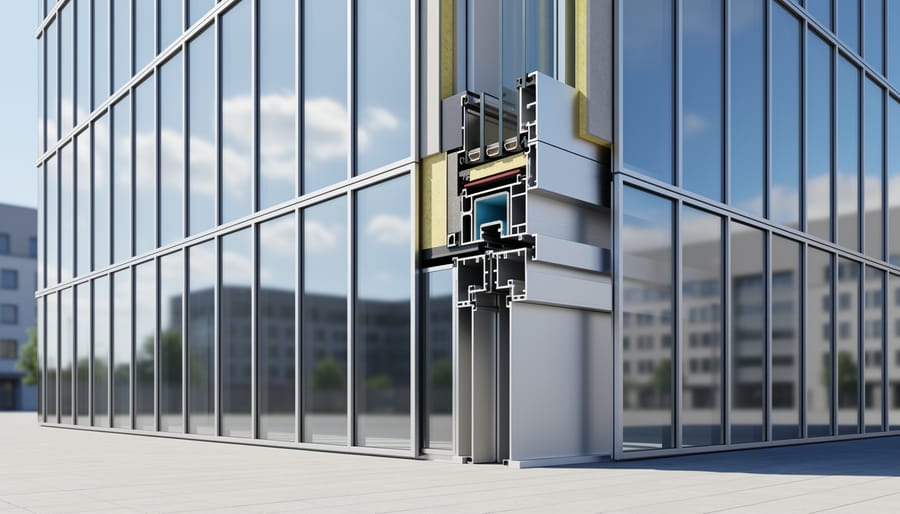 Aluminum window and facade framing integrated into a building mock-up