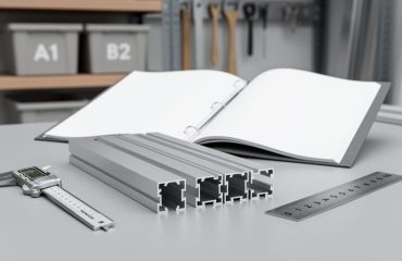 Aluminum extrusion profiles on a workbench with calipers and a blank catalog binder, illustrating how to choose standard or custom aluminum profiles.