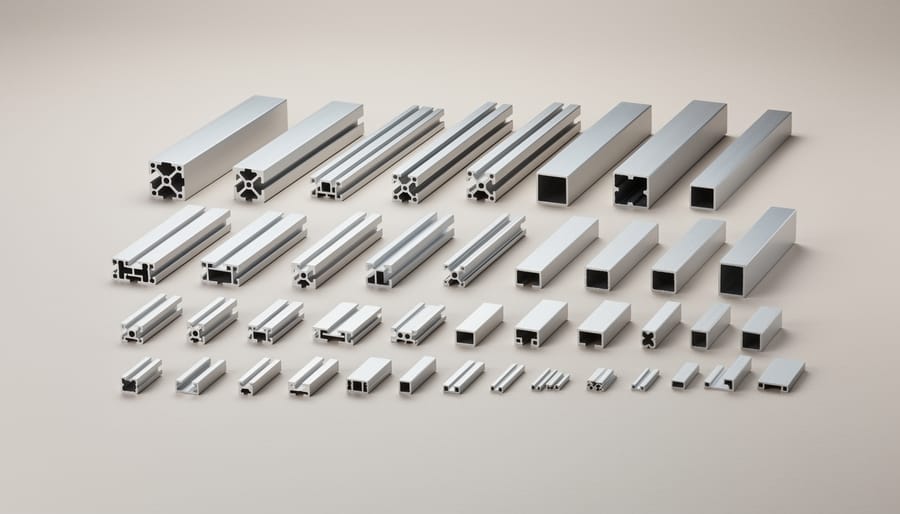 Assorted anodized aluminum extrusion profiles laid out on a workshop table