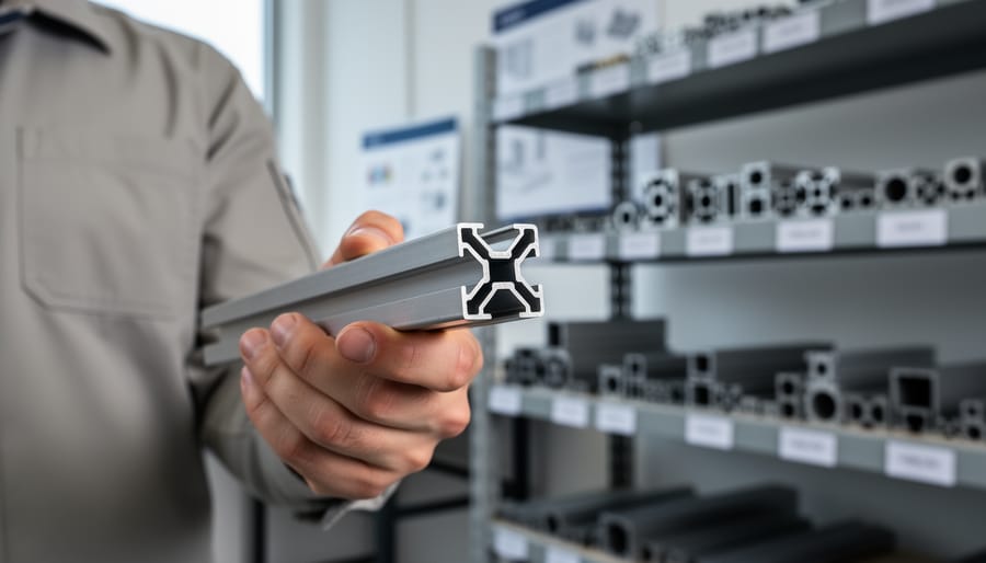 Engineer inspecting a machined custom aluminum extrusion sample in a workshop