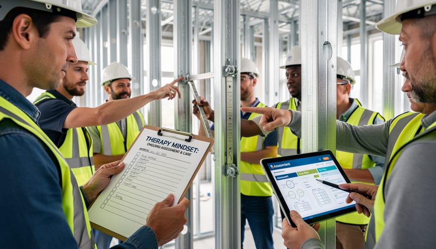 Architect and facilities technician closely inspect an aluminum building mullion at eye level.