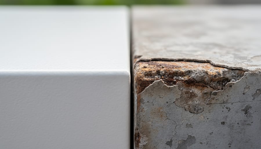 Close-up macro view of an anodized aluminum extrusion surface on a workbench showing subtle wear in finish sheen.