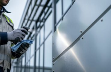 A maintenance professional inspects an aluminum building facade panel for surface wear and coating condition using a flashlight and microfiber cloth.