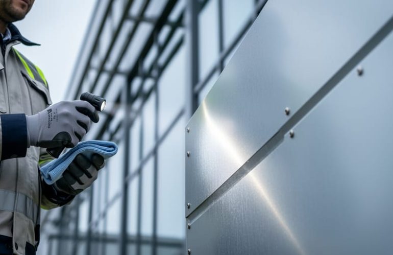 A maintenance professional inspects an aluminum building facade panel for surface wear and coating condition using a flashlight and microfiber cloth.