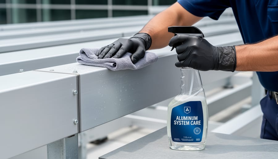 Maintenance worker carefully cleaning an aluminum solar mounting rail with a microfiber cloth.